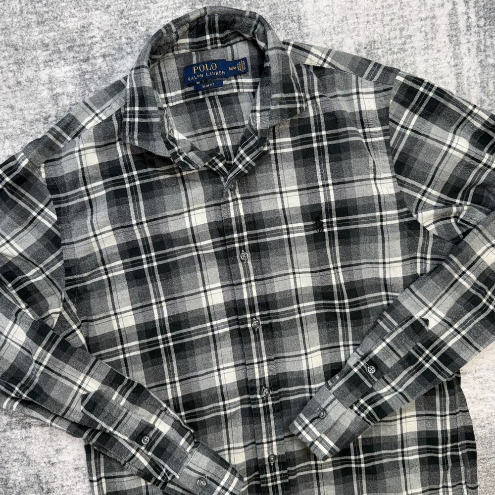 Polo Ralph Lauren Shirt Mens Medium Slim Fit Gray Plaid Flannel Button Up Pony